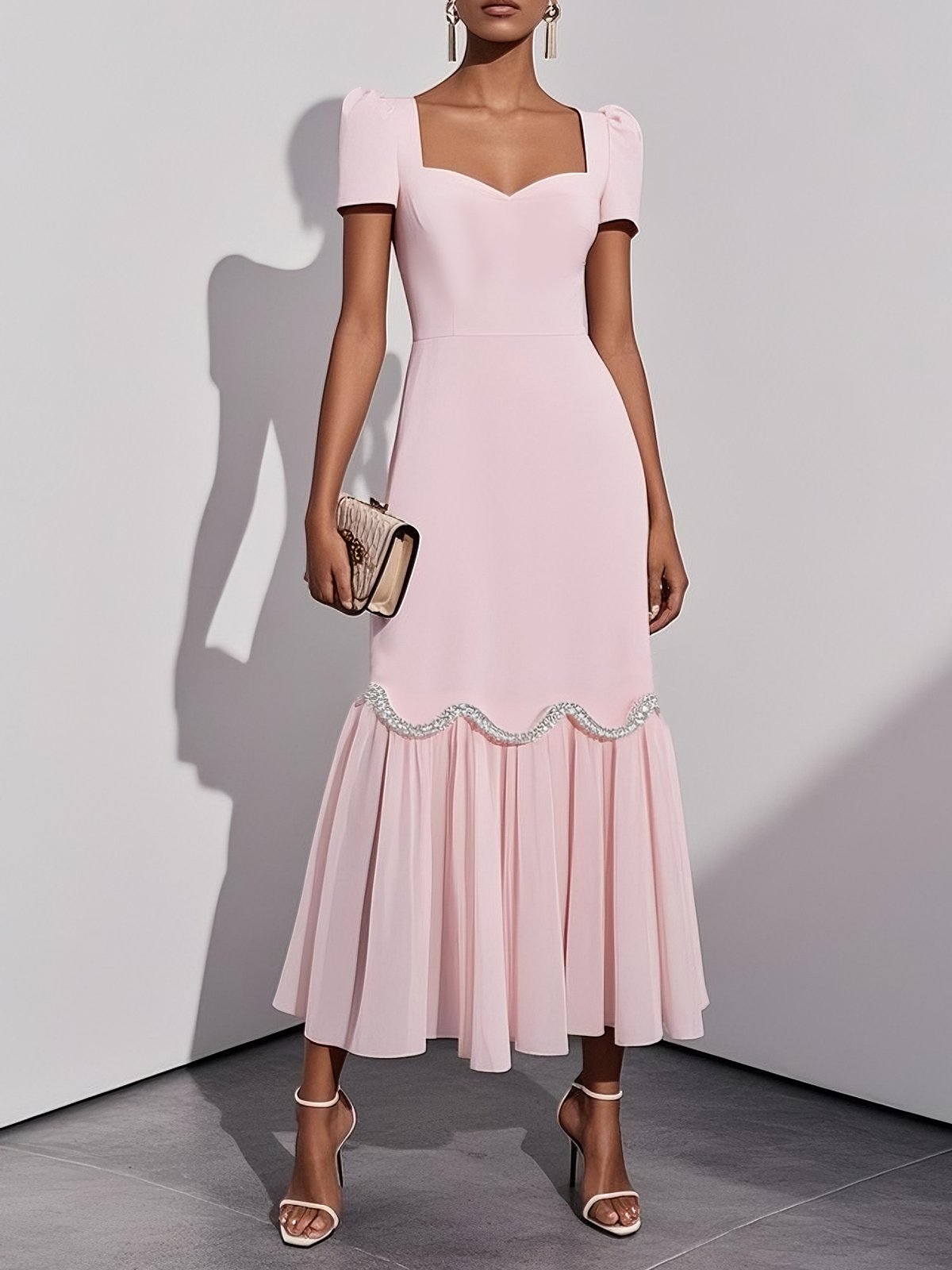 Pink Rhinestone Classic Sweetheart Neckline Sleeveless A-Line Maxi Dress