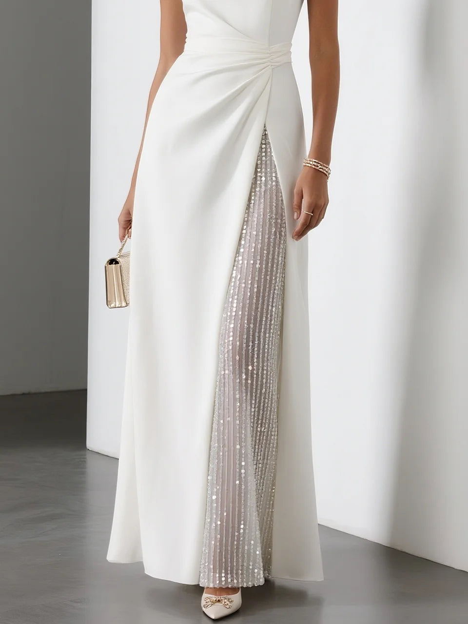 White Sequin Ruched Classic Sleeveless A-Line Midi Dress