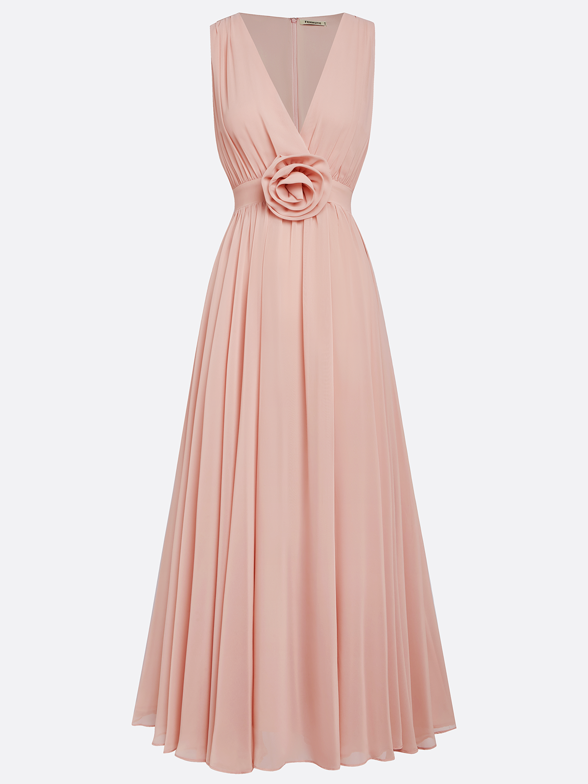 Pink 3D Floral Pleated Chiffon V Neck Sleeveless A-Line Maxi Dress