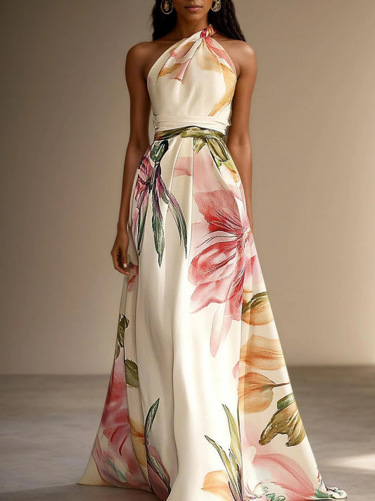 Pink Floral Satin One Shoulder Sleeveless A-Line Maxi Dress