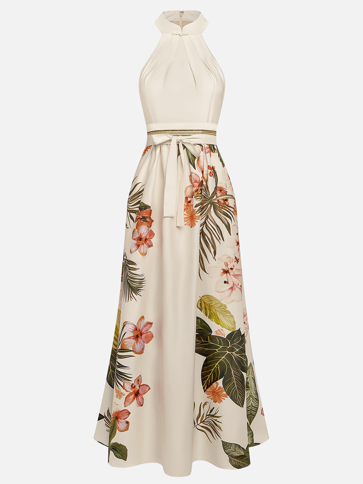 Beige Bow Satin Halter Floral Sleeveless A-Line Maxi Dress