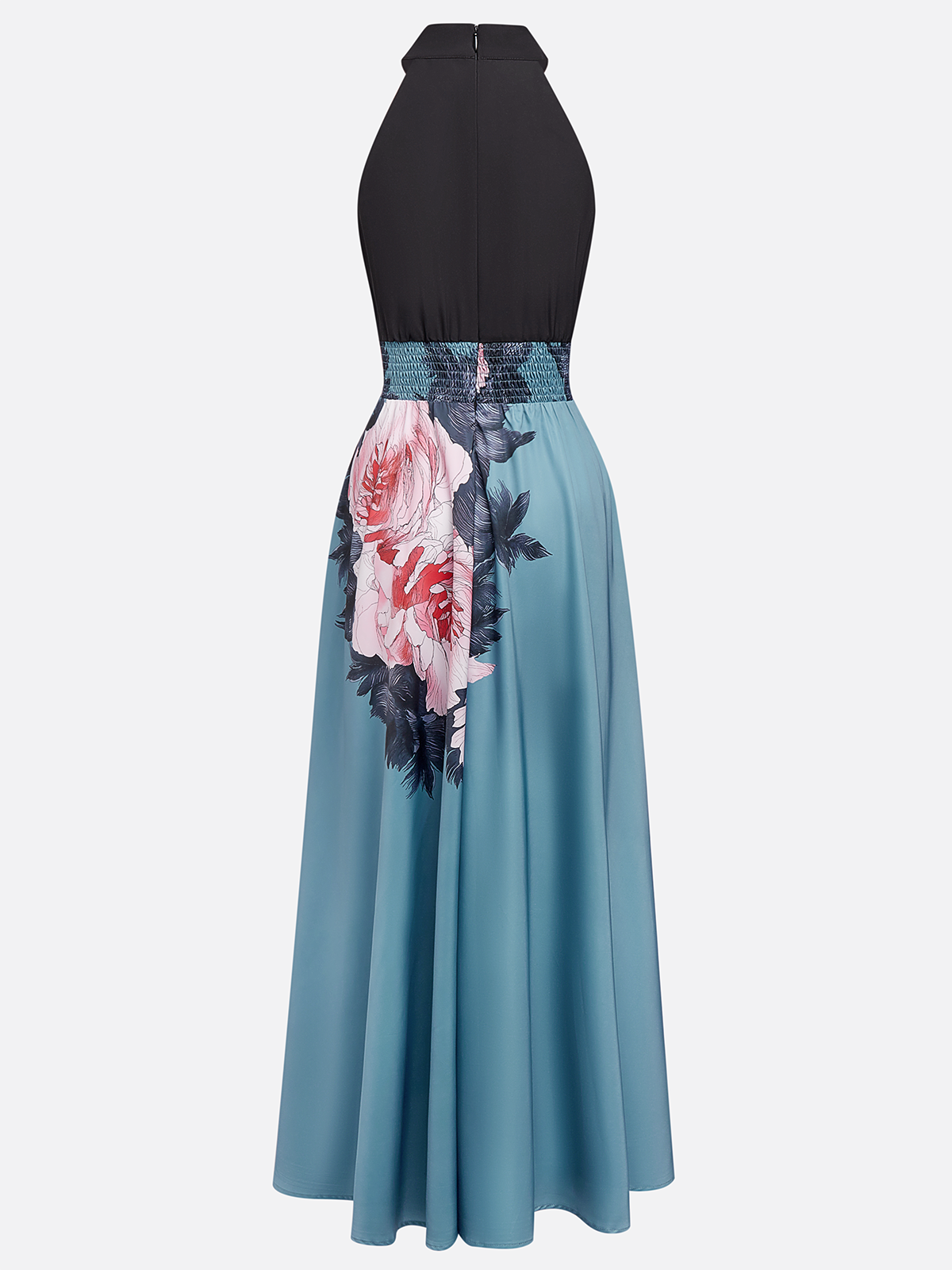 Black Slit Floral Satin Halter Sleeveless A-Line Maxi Dress