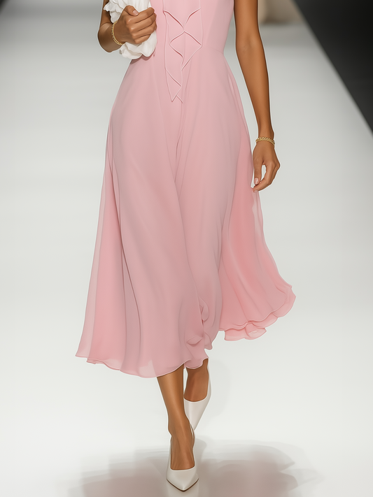 Pink Bow Peplum Chiffon Halter Sleeveless A-Line Midi Dress