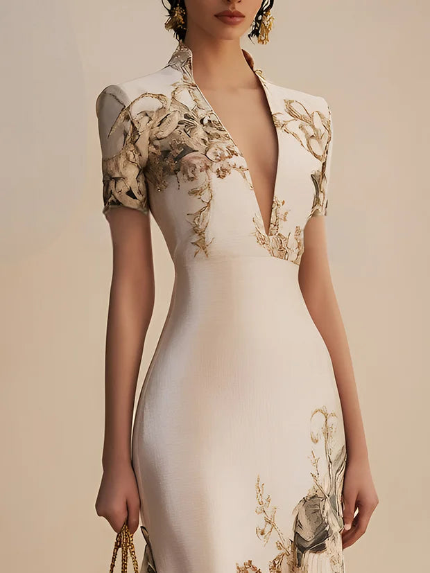 Beige Floral Satin Deep V Neck Short Sleeve Mermaid Maxi Dress
