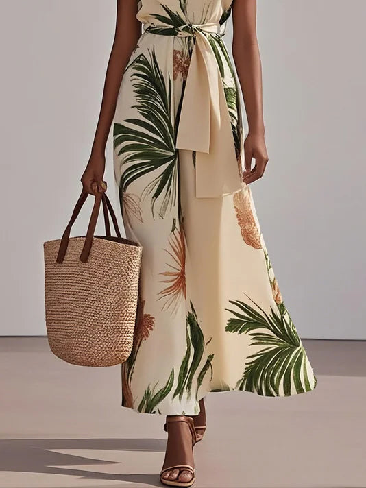 Beige Printing Floral Classic V Neck Short Sleeve A-Line Maxi Dress