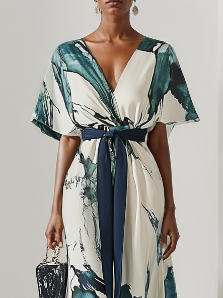 Blue Printing Chiffon V Neck Short Sleeve A-Line Maxi Dress With Belt