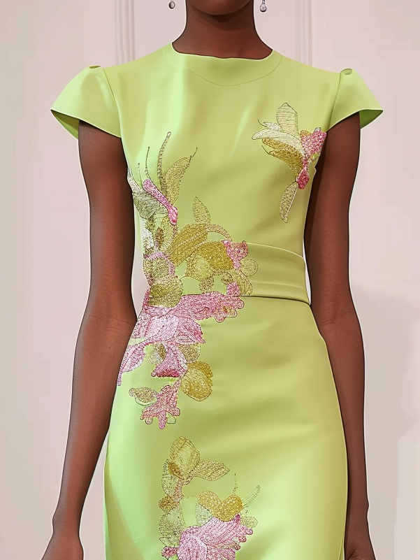Green Satin Floral Embroidered Cap Sleeve Slit Sheath Maxi Dress
