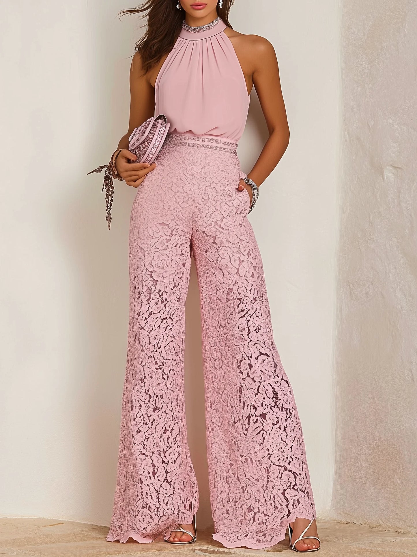 Women Pink Lace Rhinestone Mock Neck Sleeveless Dressy Jumpsuit