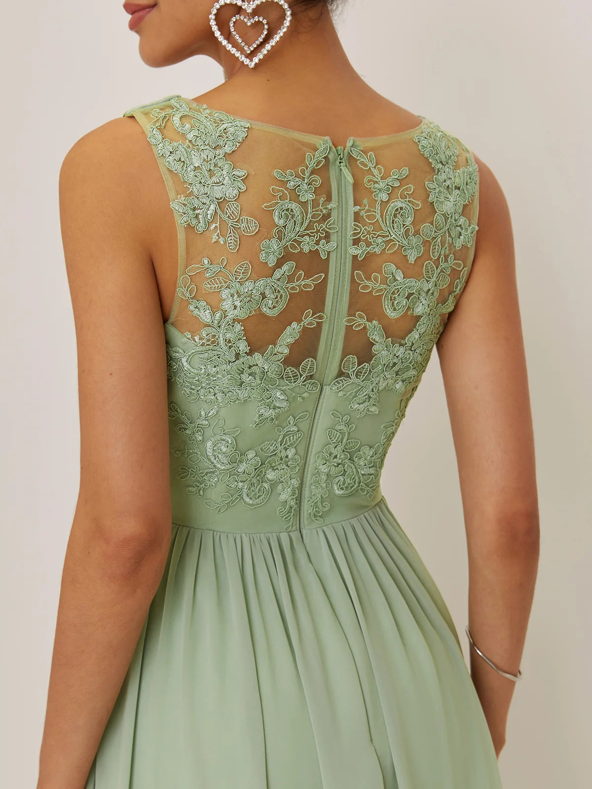 Light Green Lace Ruched Chiffon V Neck Sleeveless A-Line Maxi Mother of the Bride or Groom Dress