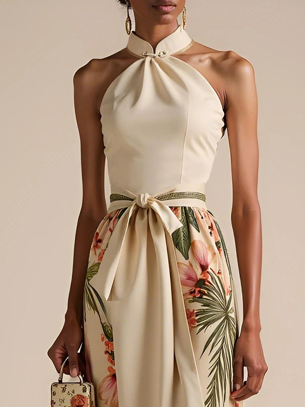 Beige Bow Satin Halter Floral Sleeveless A-Line Maxi Dress