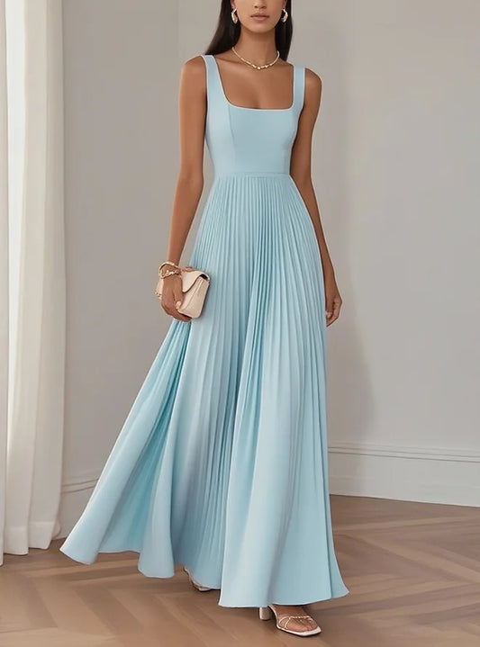 Light Blue Pleated Square Neck Sleeveless A-Line Maxi Dress
