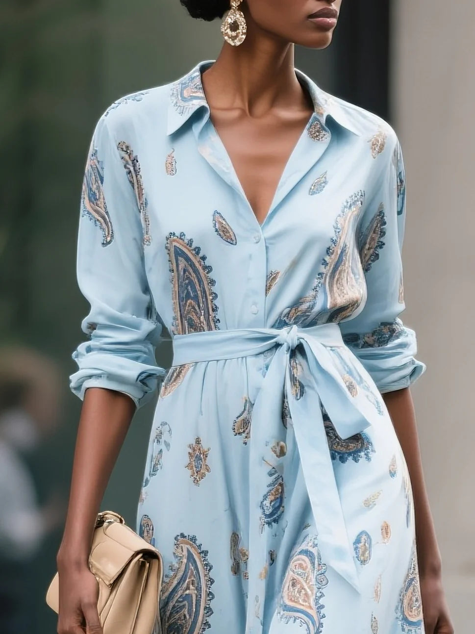 Light Blue Floral Paisley Cotton Shirt Dress Shirt Collar Long Sleeve A-Line Maxi Dress