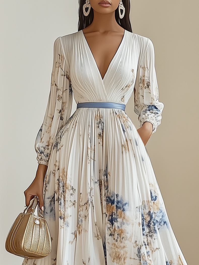 White Pleated Floral Chiffon V Neck Long Sleeve Balloon Sleeve A-Line Maxi Dress