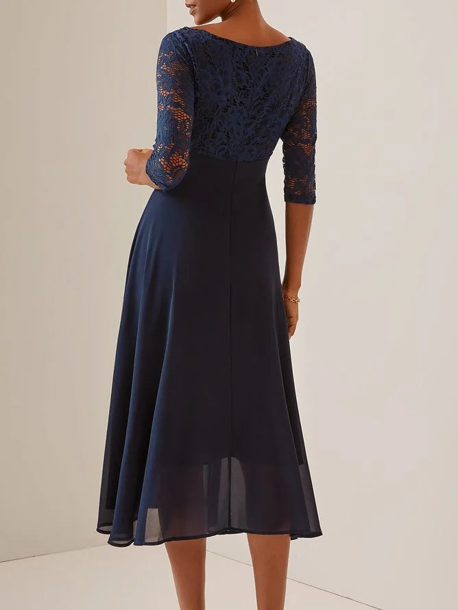 Purplish blue Lace Chiffon Crew Neck Half Sleeve A-Line Midi Mother of the Bride or Groom Dress