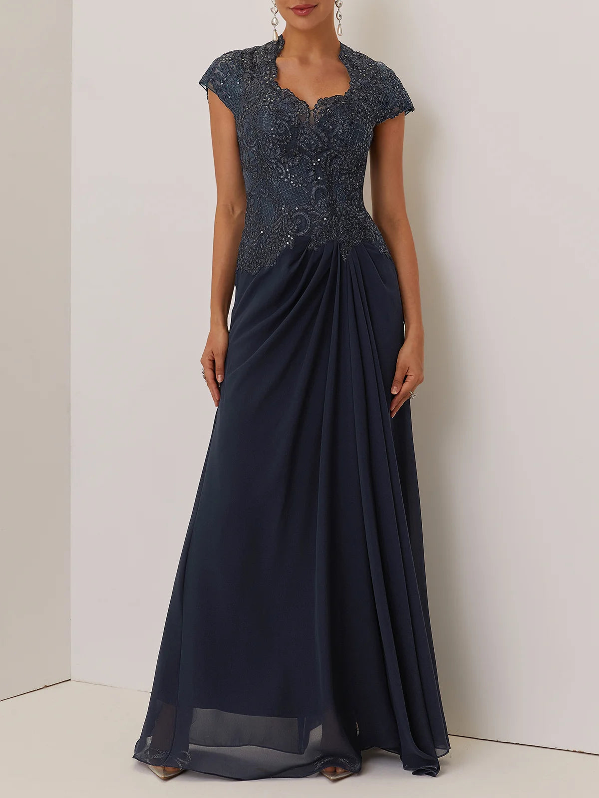 Purplish blue Sequin Lace Chiffon Dress Sweetheart Neckline Short Sleeve A-Line Maxi Mother of the Bride or Groom Dress