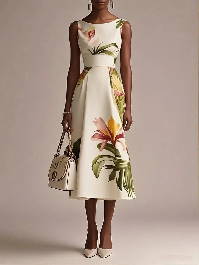 Beige Floral Boat Neck Sleeveless A-Line Midi Dress