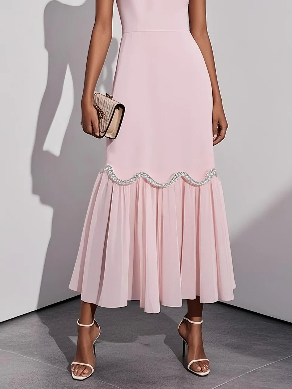 Pink Rhinestone Classic Sweetheart Neckline Sleeveless A-Line Maxi Dress