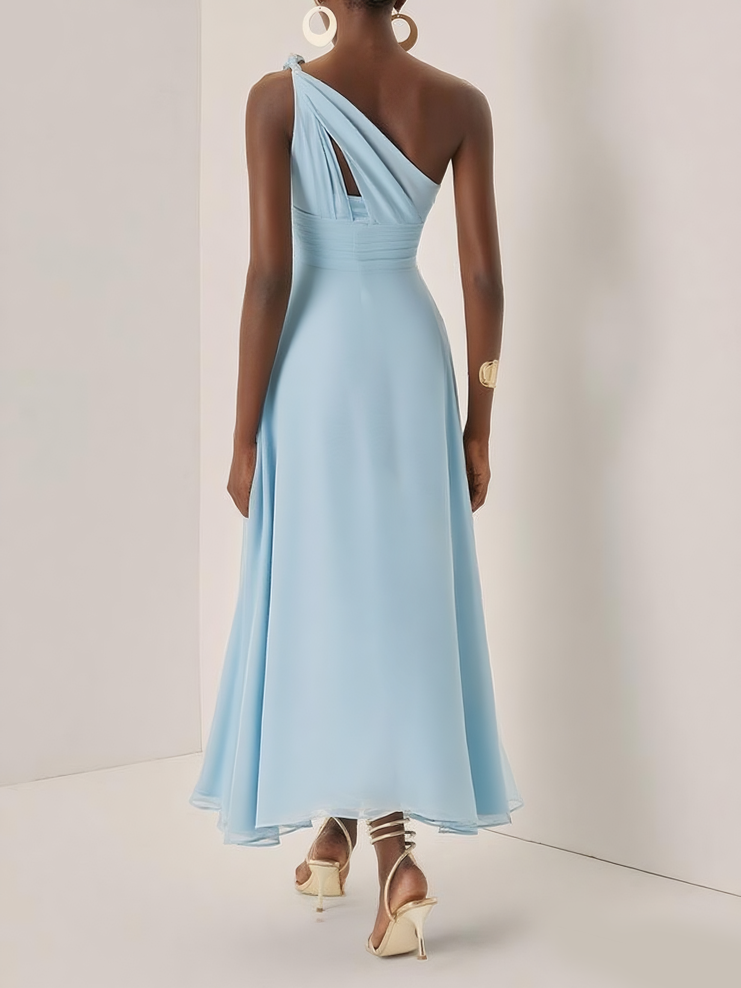 Light Blue Ruched Chiffon One Shoulder Sleeveless A-Line Maxi Dress