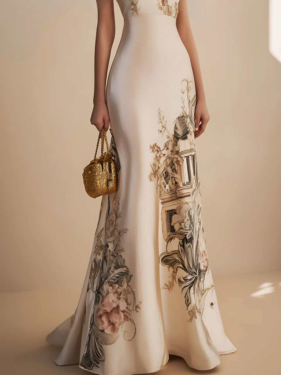 Beige Floral Satin Deep V Neck Short Sleeve Mermaid Maxi Dress