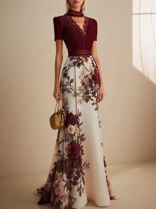 Wine Red Lace Floral Satin V Neck Short Sleeve A-Line Maxi Dress