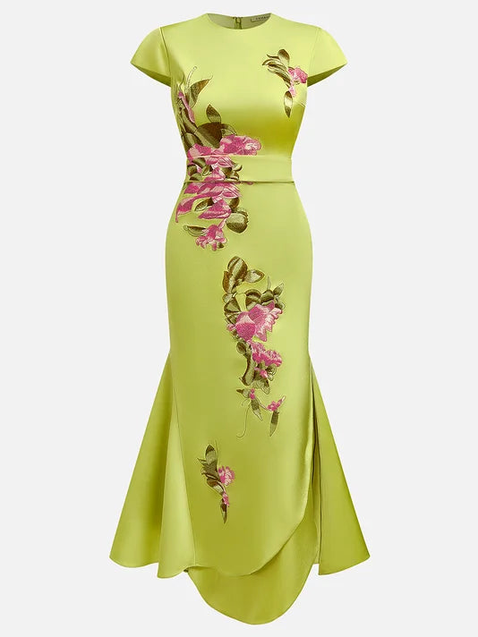 Green Satin Floral Embroidered Cap Sleeve Slit Sheath Maxi Dress