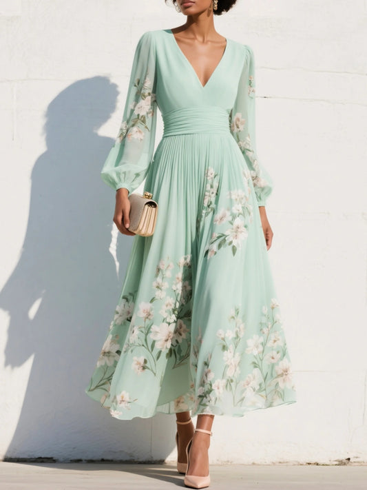 Light Green Ruched Floral Chiffon V Neck Long Sleeve Balloon Sleeve A-Line Maxi Dress