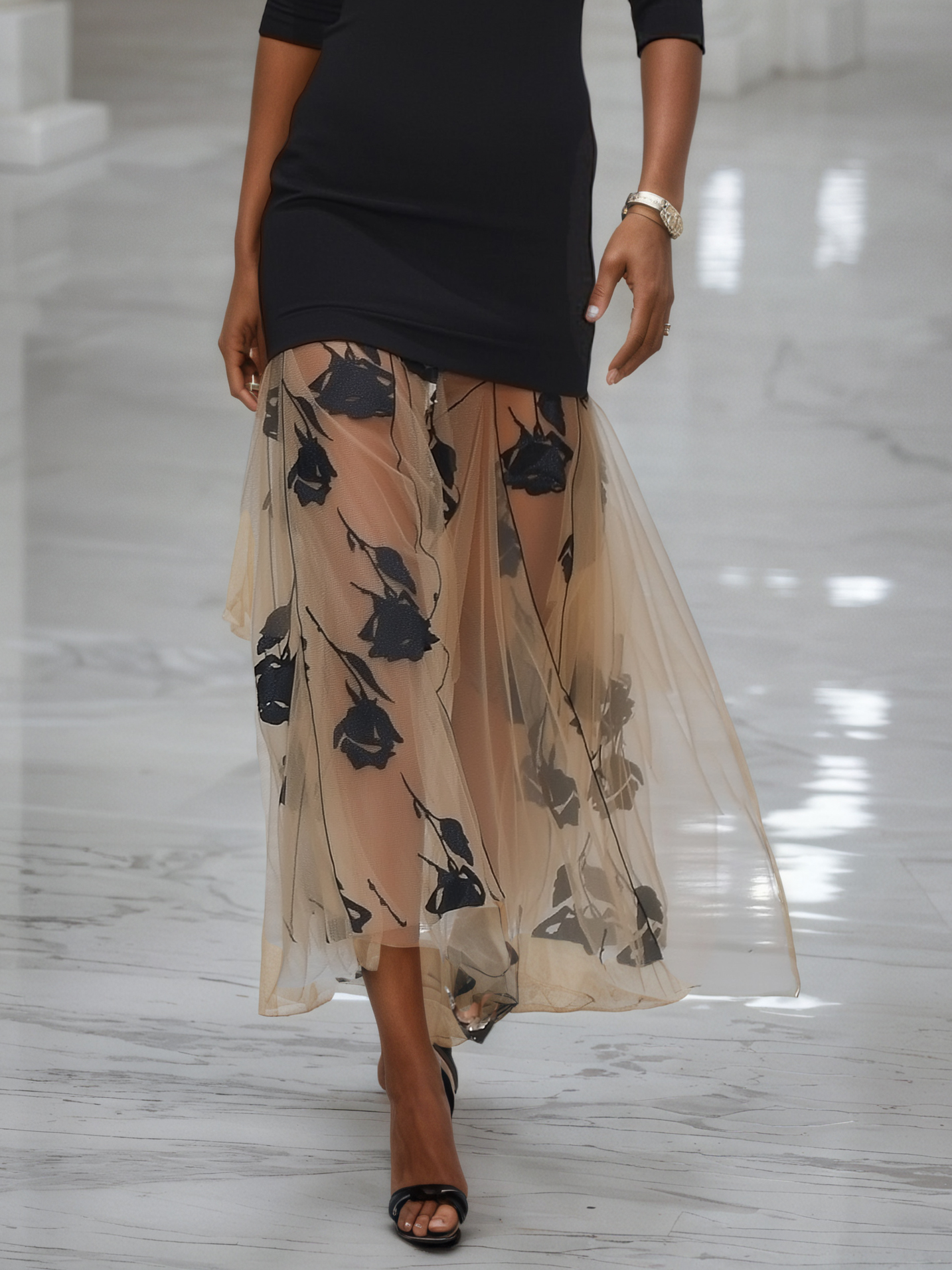 Black Floral Rose Knit Off The Shoulder Half Sleeve Off Shoulder Sleeve Mermaid Maxi Dress