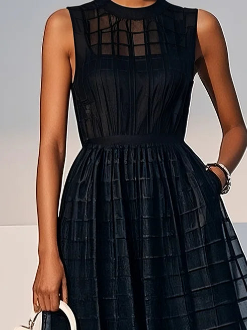 Black Organza Mesh Plaid Classic Crew Neck Sleeveless A-Line Midi Dress