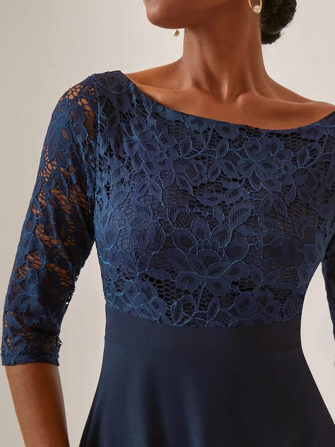 Purplish blue Lace Chiffon Crew Neck Half Sleeve A-Line Midi Mother of the Bride or Groom Dress