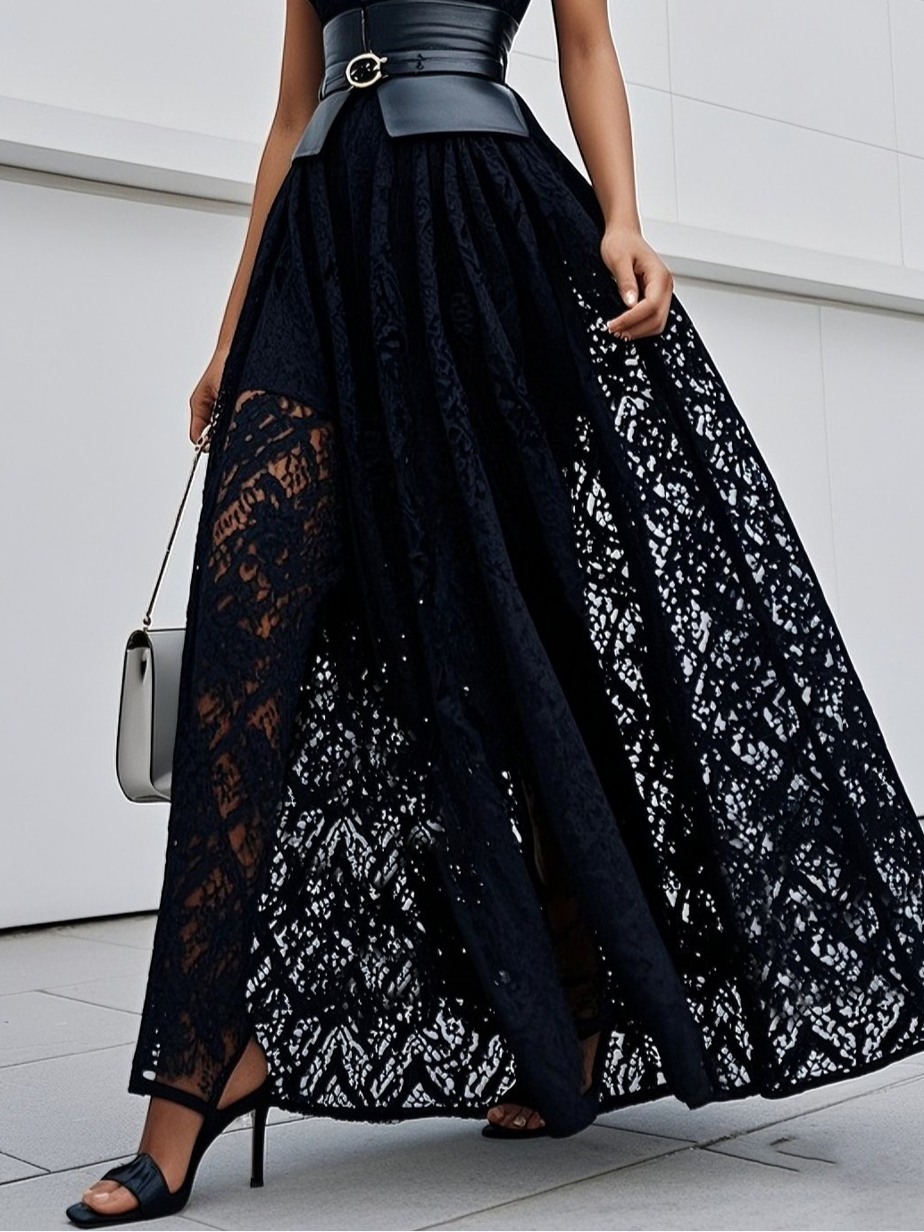Black Lace Hollow Out Cotton Crew Neck Sleeveless A-Line Maxi Dress With Belt