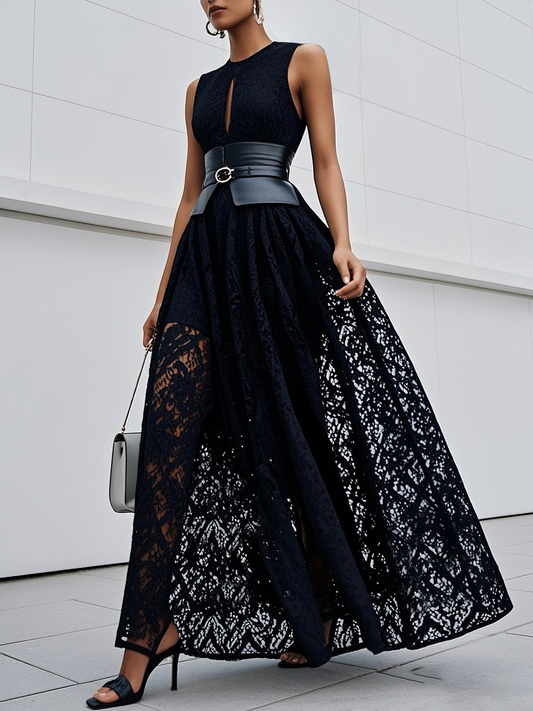Black Lace Hollow Out Cotton Crew Neck Sleeveless A-Line Maxi Dress With Belt