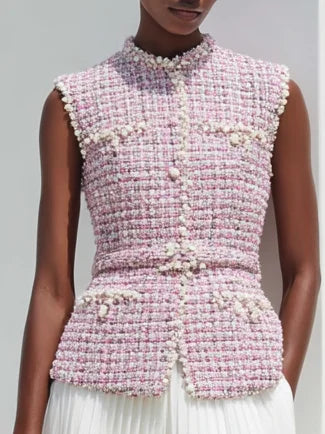Women Pink Tweed Buckle Stitching Lace Crew Neck Sleeveless Dressy Coat With Skirt Two-Piece Set