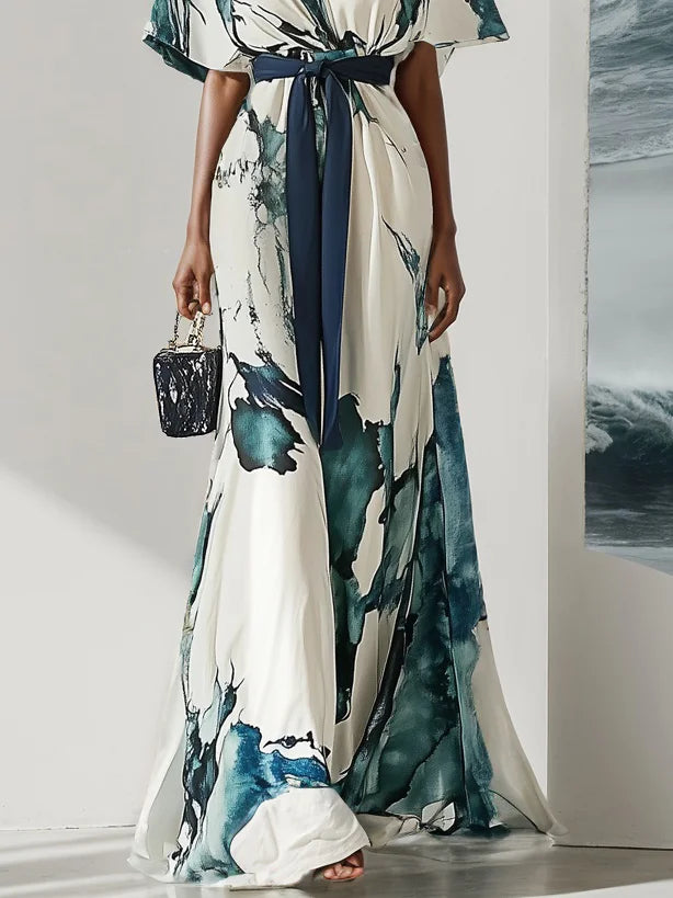 Blue Printing Chiffon V Neck Short Sleeve A-Line Maxi Dress With Belt