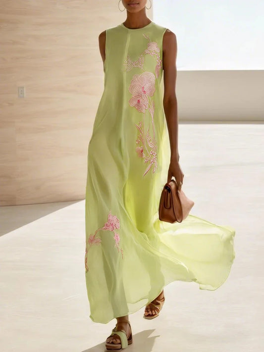 Yellow Embroidery Classic Lyocell Crew Neck Sleeveless A-Line Maxi Dress