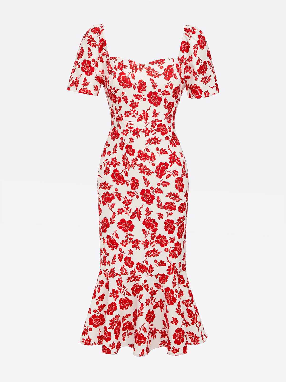 Red Floral Sweetheart Neckline Mermaid Midi Dress