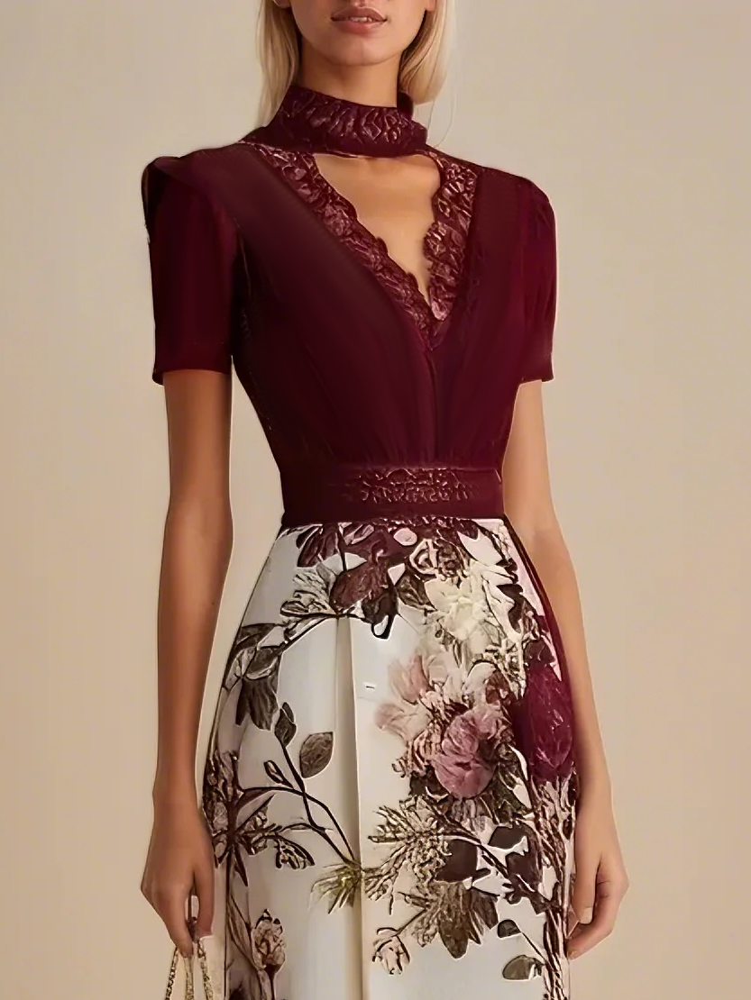 Wine Red Lace Floral Satin V Neck Short Sleeve A-Line Maxi Dress