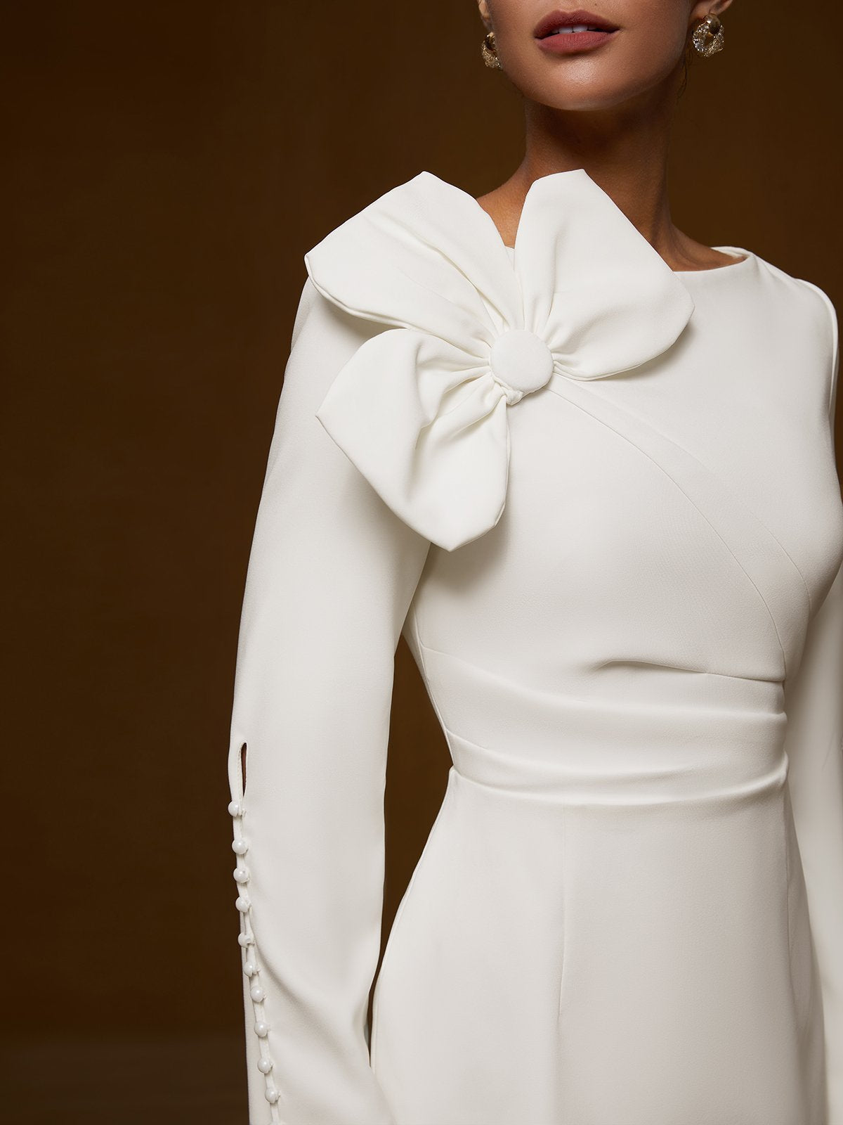 Cream White Bow Long Sleeve Sheath Midi Dress