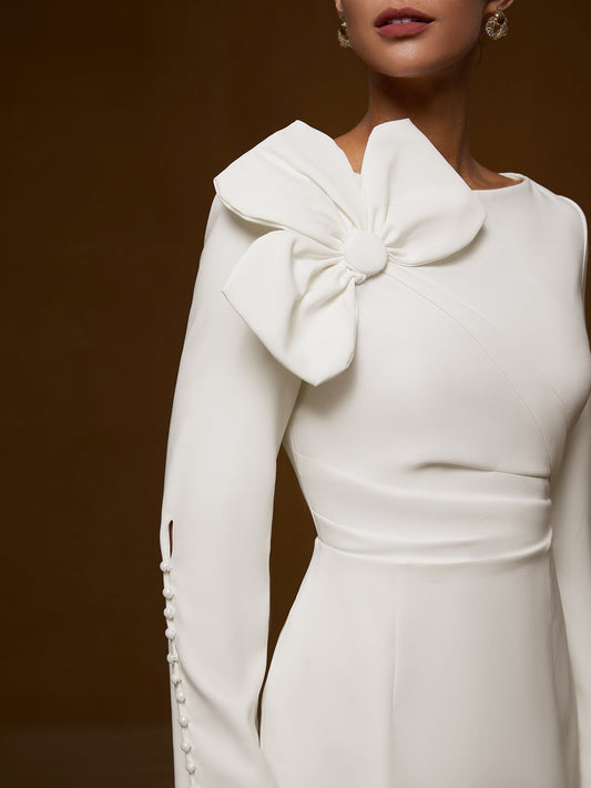 Cream White Bow Long Sleeve Sheath Midi Dress