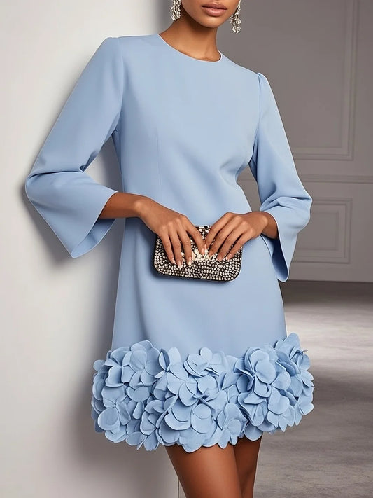 Light Blue 3D Floral Classic Crew Neck Long Sleeve Shift Mini Dress