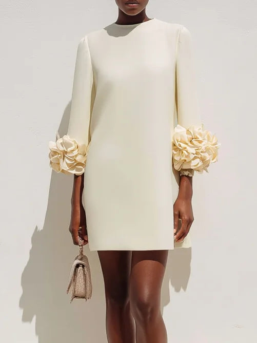 Off White 3D Floral Classic Crew Neck Three Quarter Sleeve Shift Mini Dress