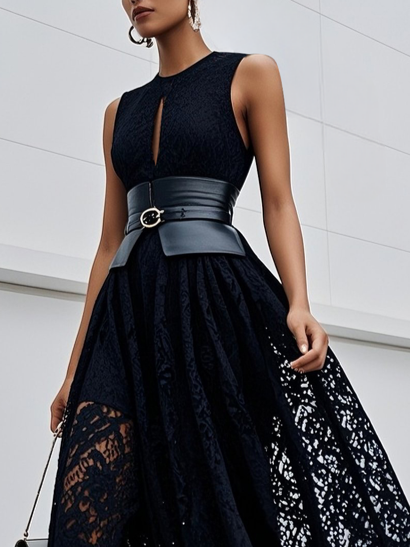 Black Lace Hollow Out Cotton Crew Neck Sleeveless A-Line Maxi Dress With Belt