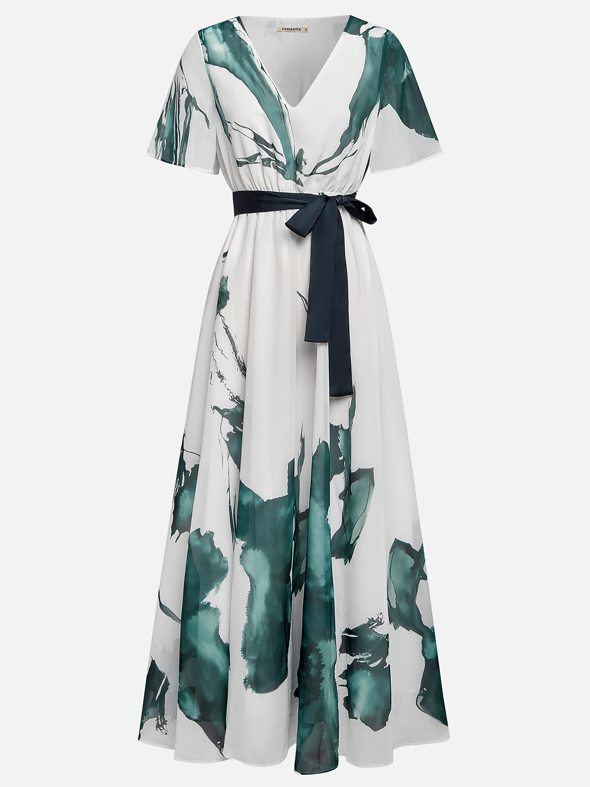Blue Printing Chiffon V Neck Short Sleeve A-Line Maxi Dress With Belt