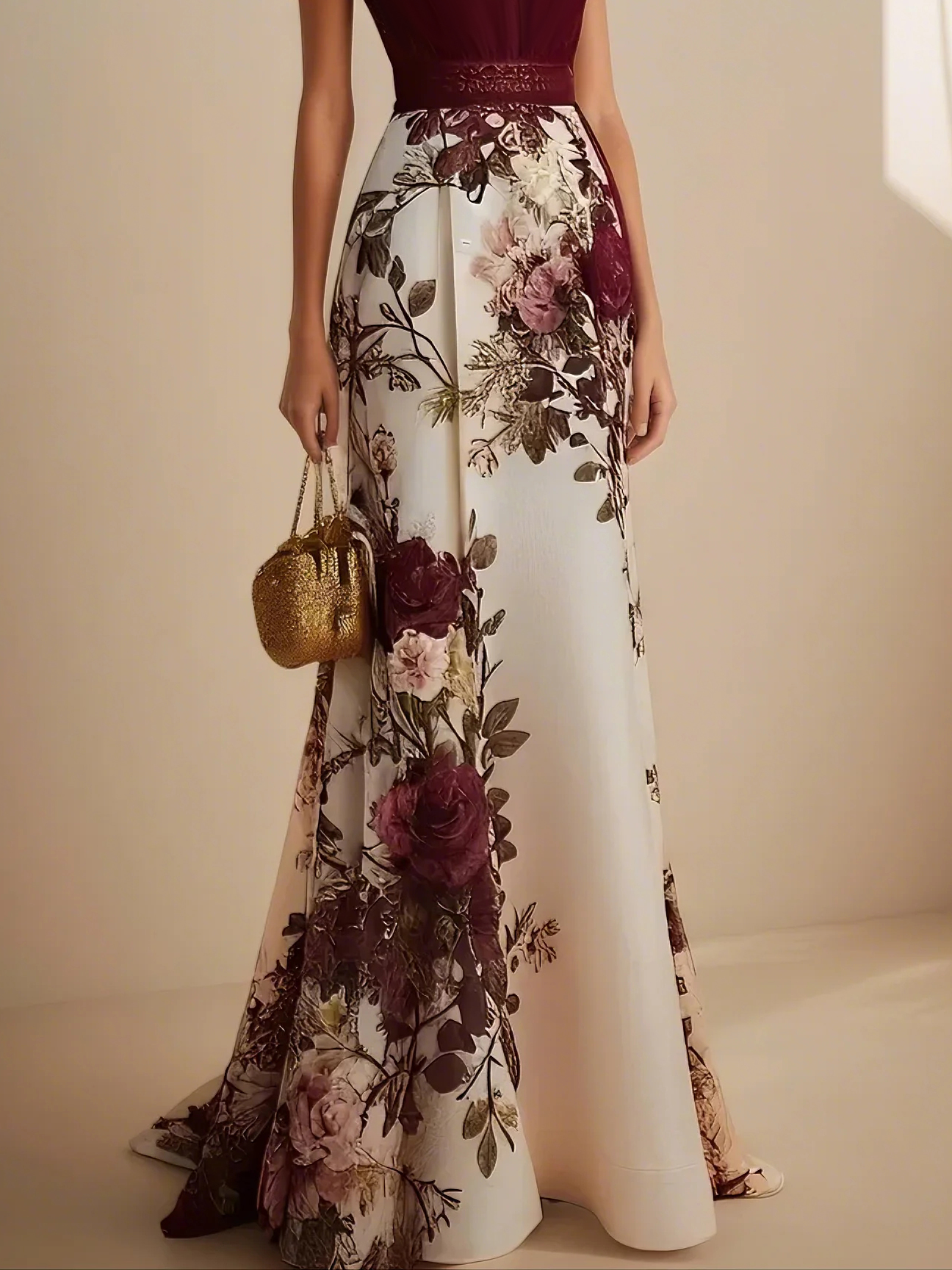 Wine Red Lace Floral Satin V Neck Short Sleeve A-Line Maxi Dress