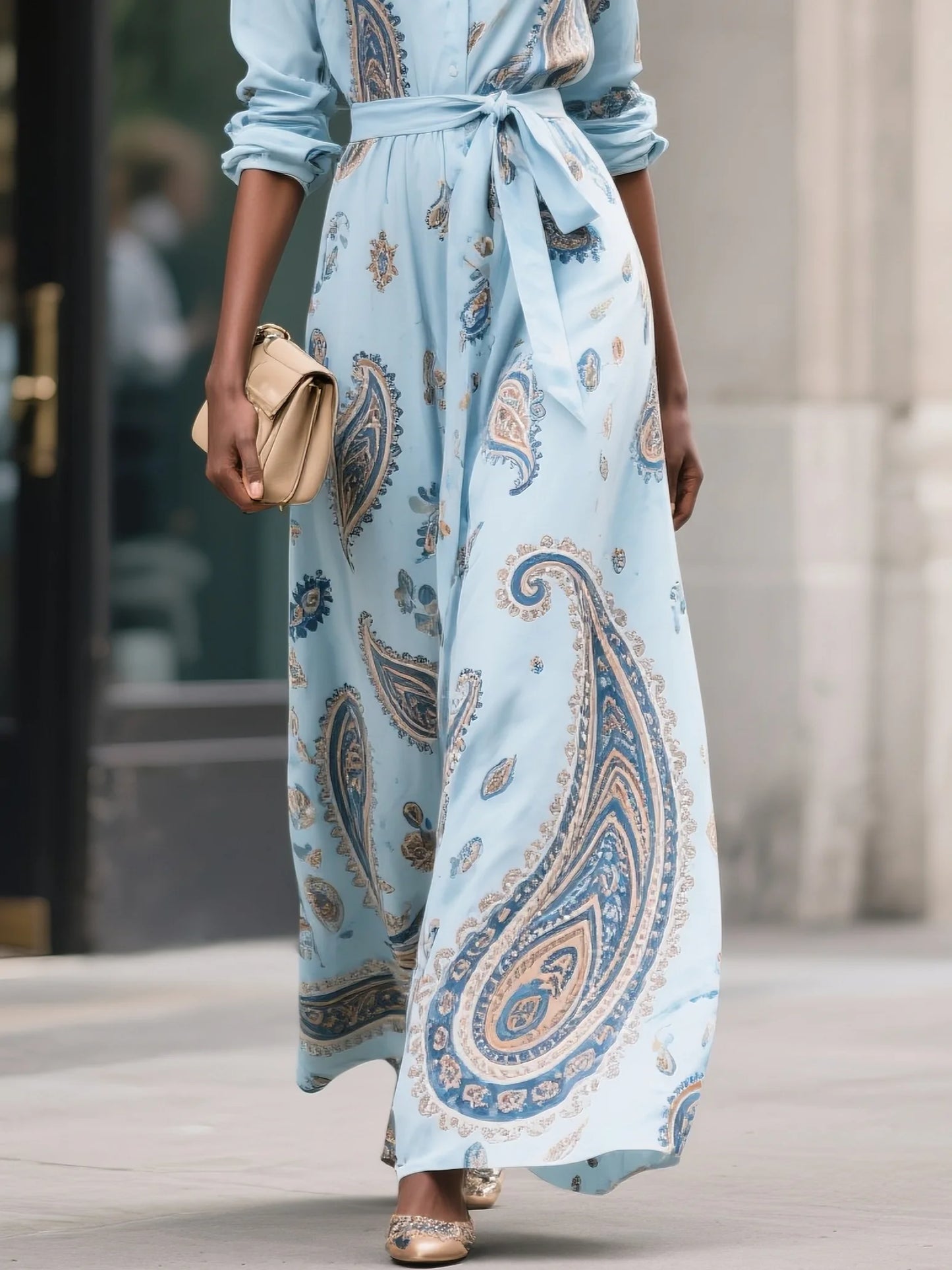 Light Blue Floral Paisley Cotton Shirt Dress Shirt Collar Long Sleeve A-Line Maxi Dress