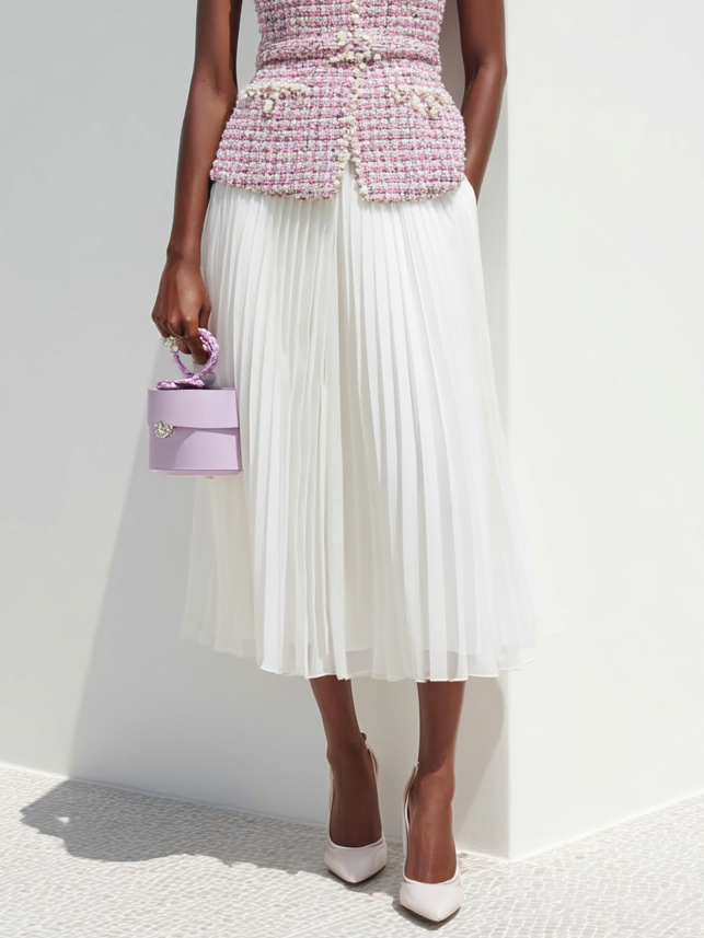 Women Pink Tweed Buckle Stitching Lace Crew Neck Sleeveless Dressy Coat With Skirt Two-Piece Set