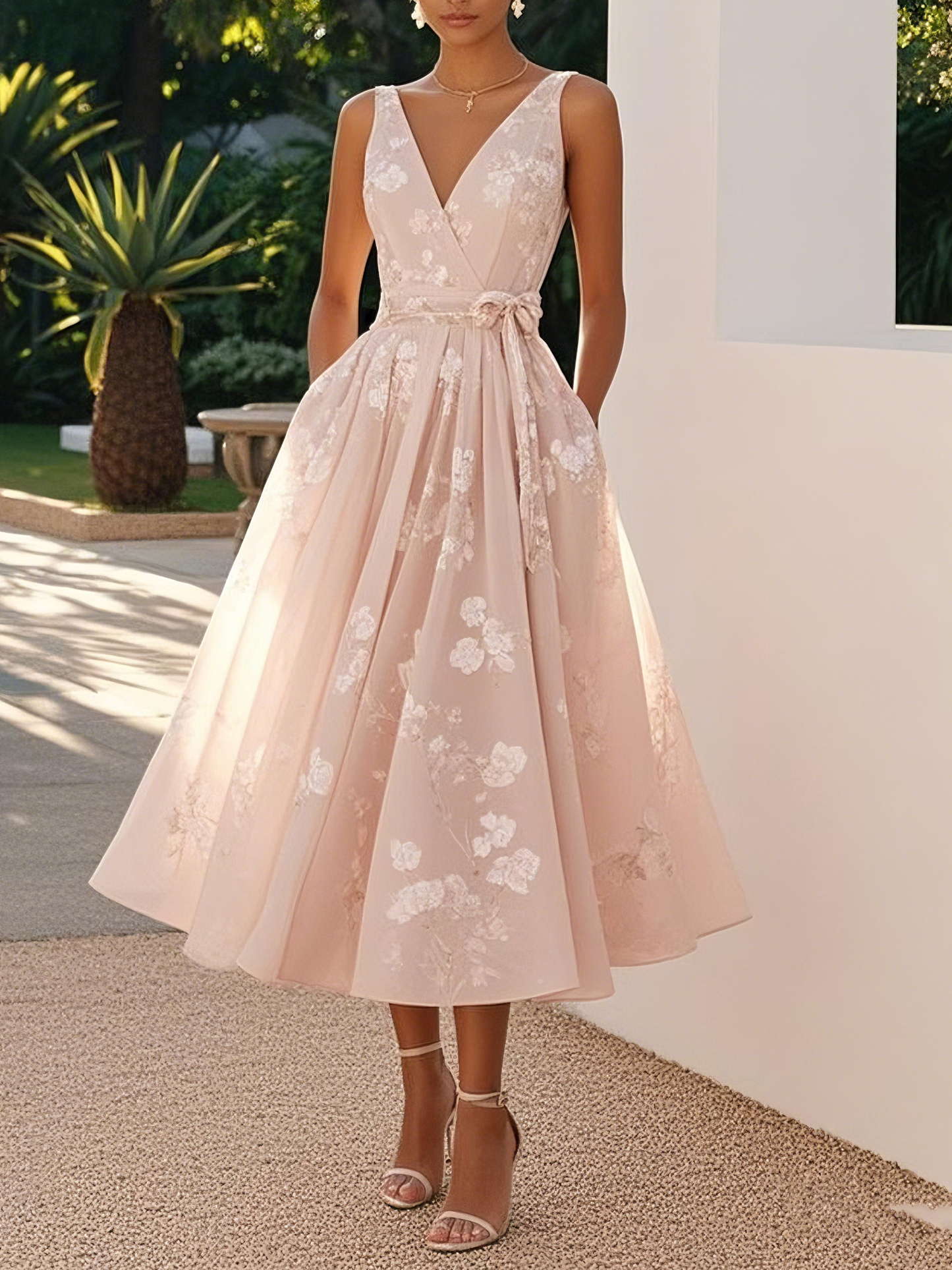 Light Pink Bow Embroidery Classic V Neck Sleeveless A-Line Midi Dress