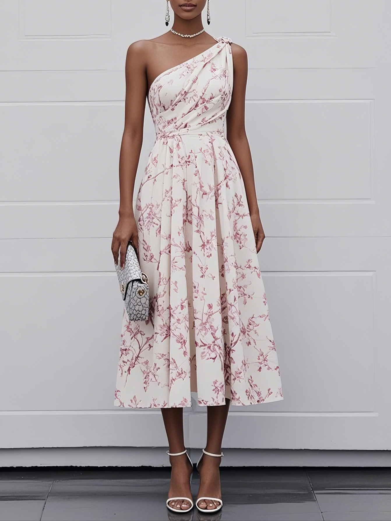Pink One Shoulder Floral Sleeveless A-Line Midi Dress