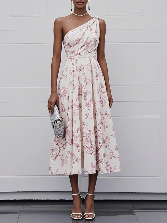 Pink One Shoulder Floral Sleeveless A-Line Midi Dress