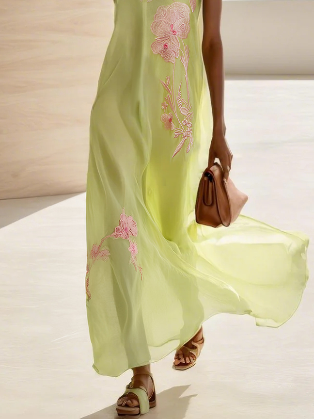 Yellow Embroidery Classic Lyocell Crew Neck Sleeveless A-Line Maxi Dress