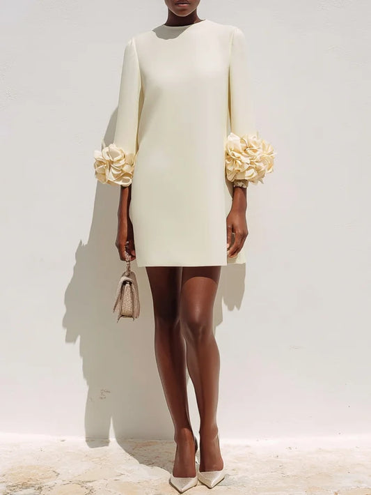 Off White 3D Floral Classic Crew Neck Three Quarter Sleeve Shift Mini Dress